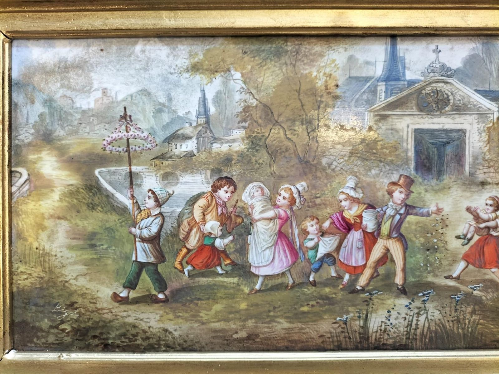 19th Century Porcelain Painting In Large Gilded Frame photo furniture