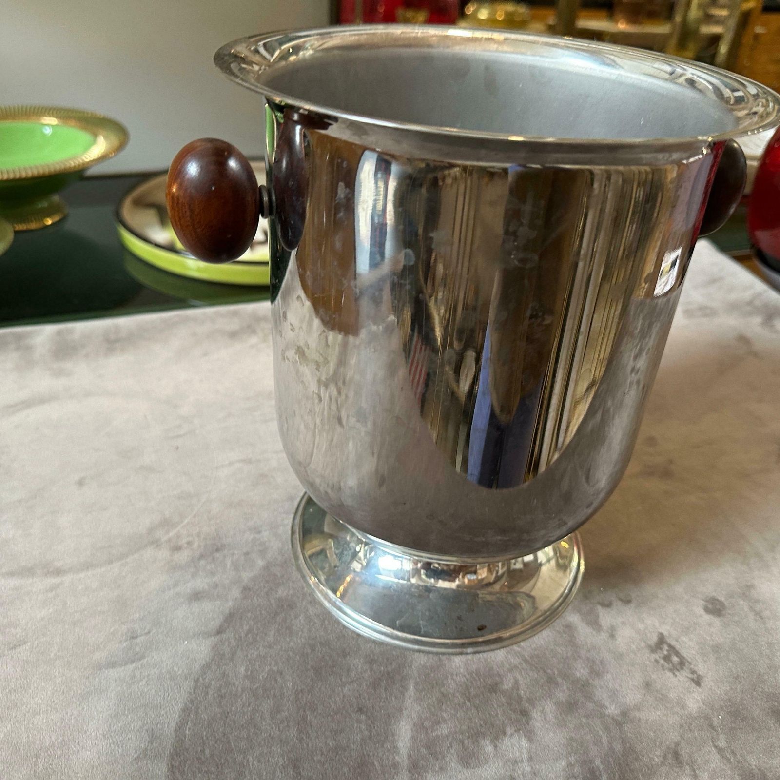 1970s Modern Silver Plated Metal Body And Wood Handles Italian Wine Cooler photo vinterior