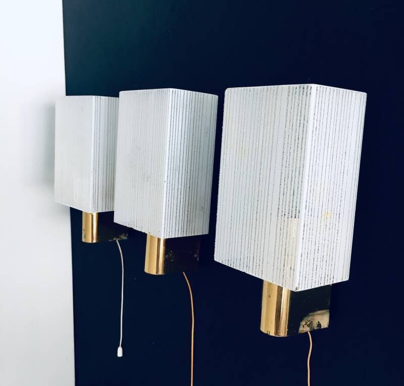 Midcentury Design Brass & Glass Sconce Wall Lamp Set, France 1960's photo 450.0