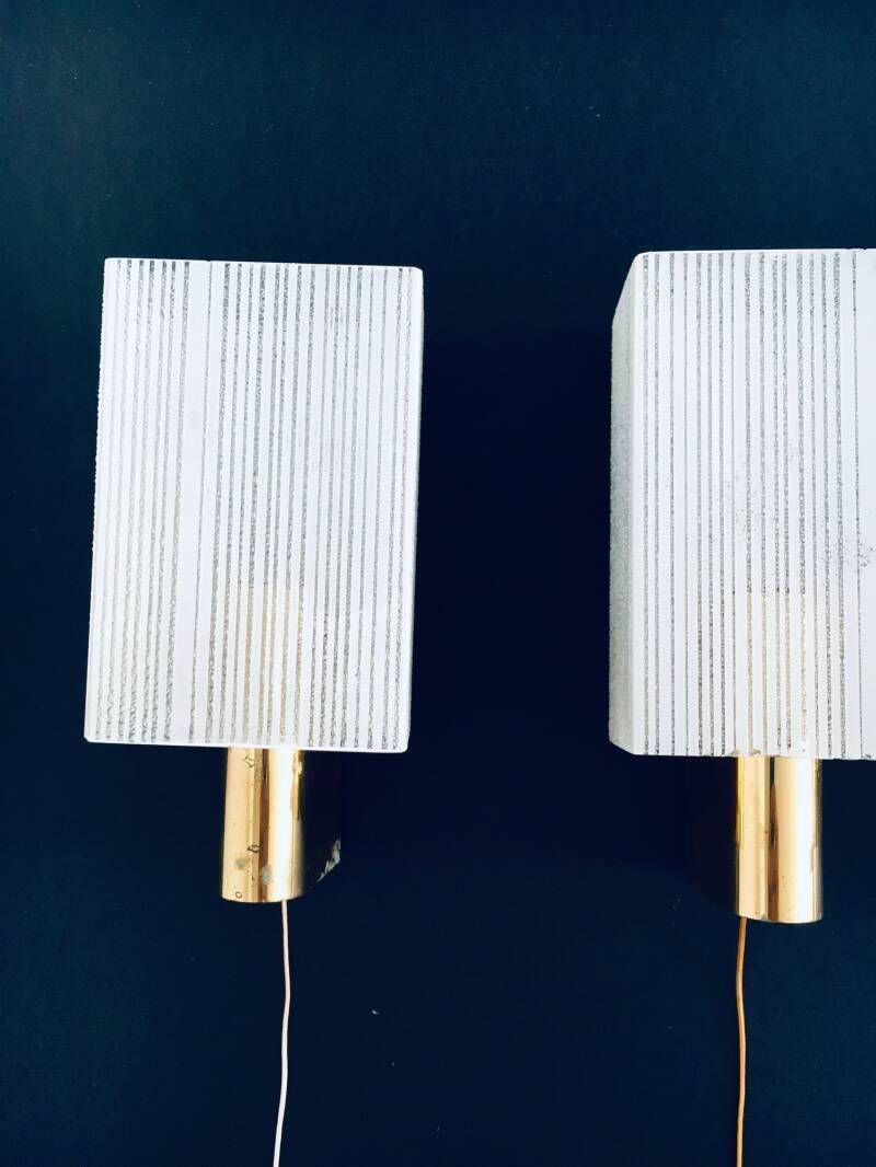 Midcentury Design Brass & Glass Sconce Wall Lamp Set, France 1960's photo vintage