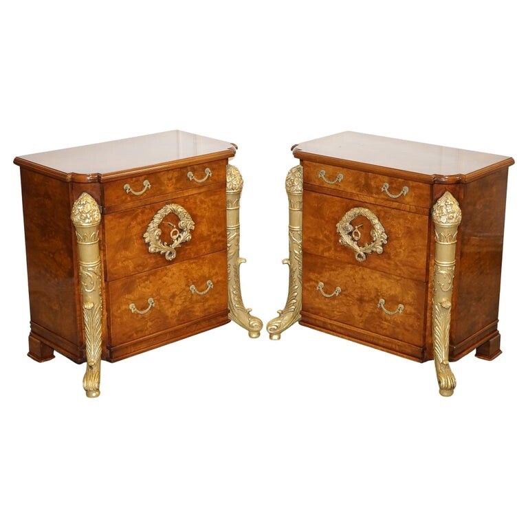 Stunning Pair French Empire Style Gold Detailed Burr Walnut Bedsides Nightstands