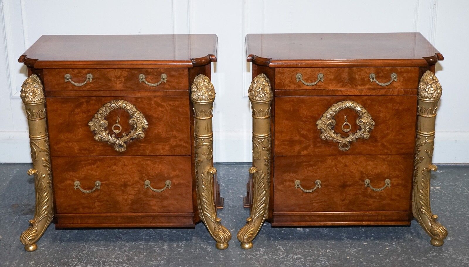 Stunning Pair French Empire Style Gold Detailed Burr Walnut Bedsides Nightstands photo for sale