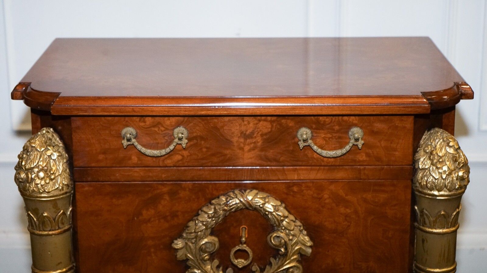 Stunning Pair French Empire Style Gold Detailed Burr Walnut Bedsides Nightstands photo buy