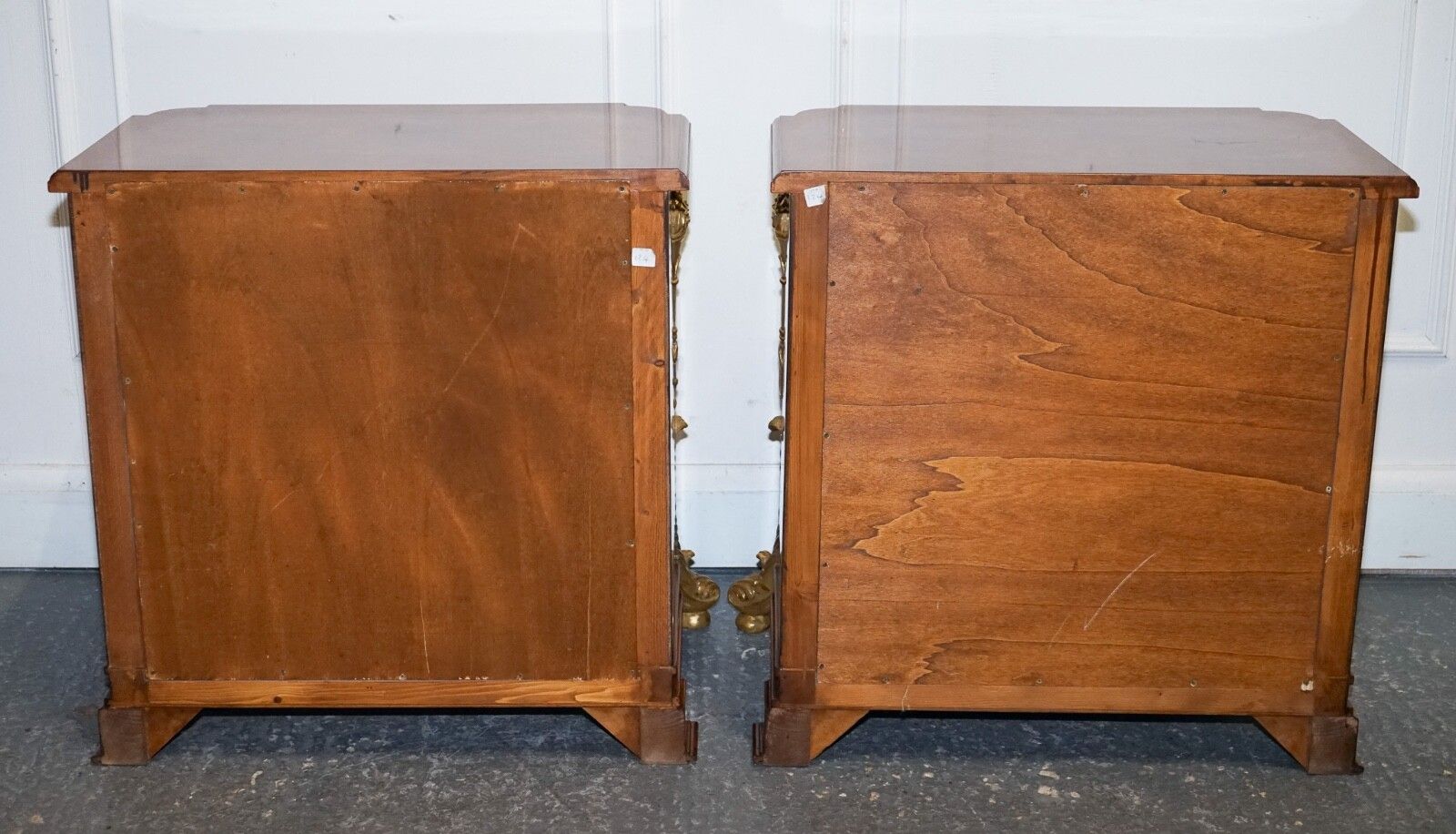 2650.0 Stunning Pair French Empire Style Gold Detailed Burr Walnut Bedsides Nightstands photo
