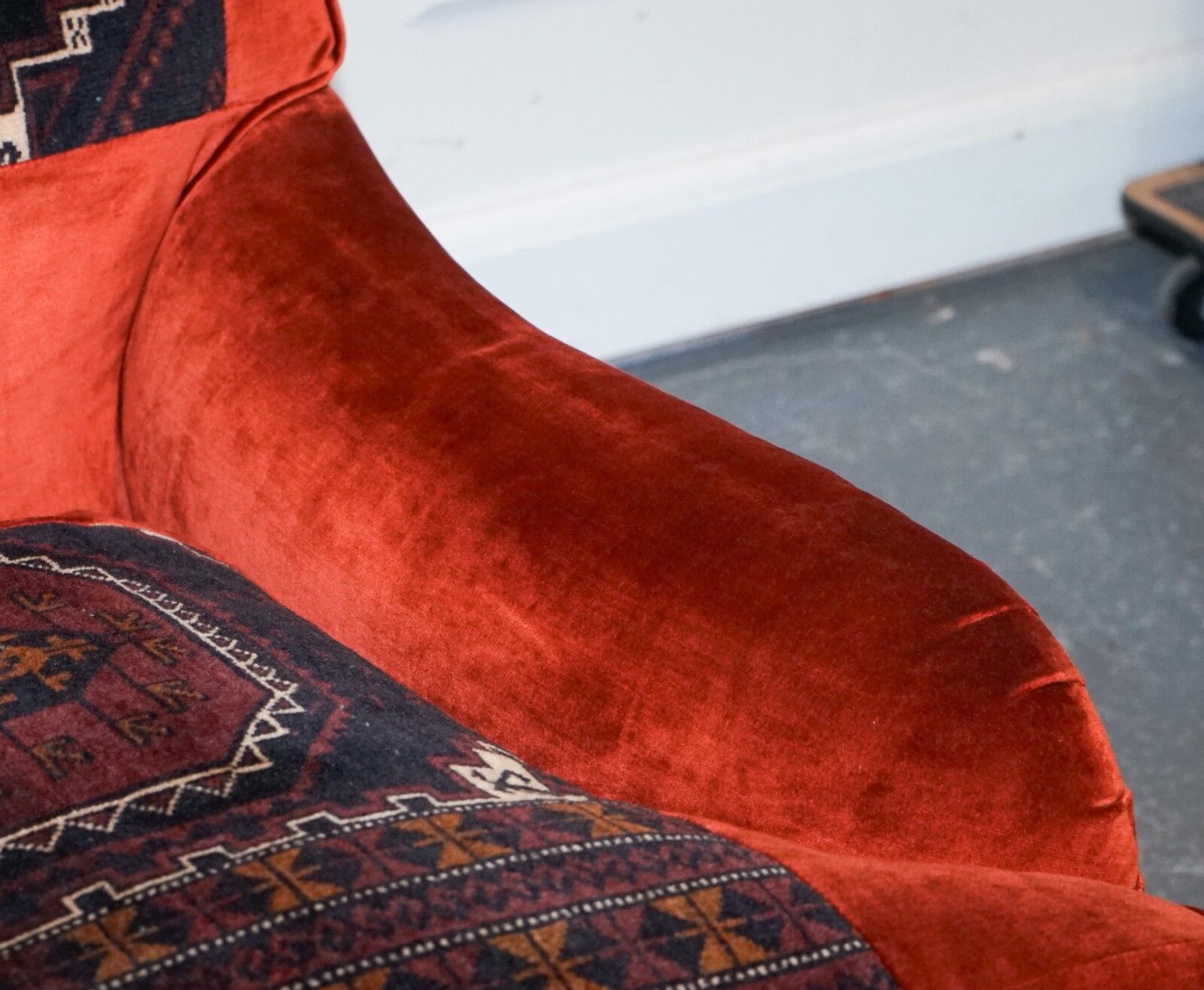 Vintage Red Velvet & Aztec Kilim Upholstered Howard George Smith Style Armchair photo buy