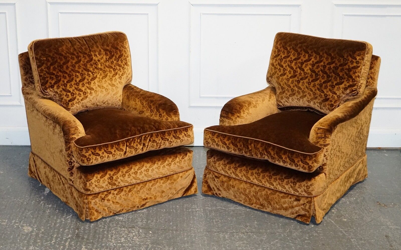 Vintage Pair Custom Made Brown Gold Velvet Connaught Armchairs By Dudgeon London photo furniture
