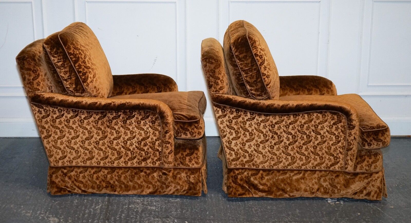 Vintage Pair Custom Made Brown Gold Velvet Connaught Armchairs By Dudgeon London photo Furniture