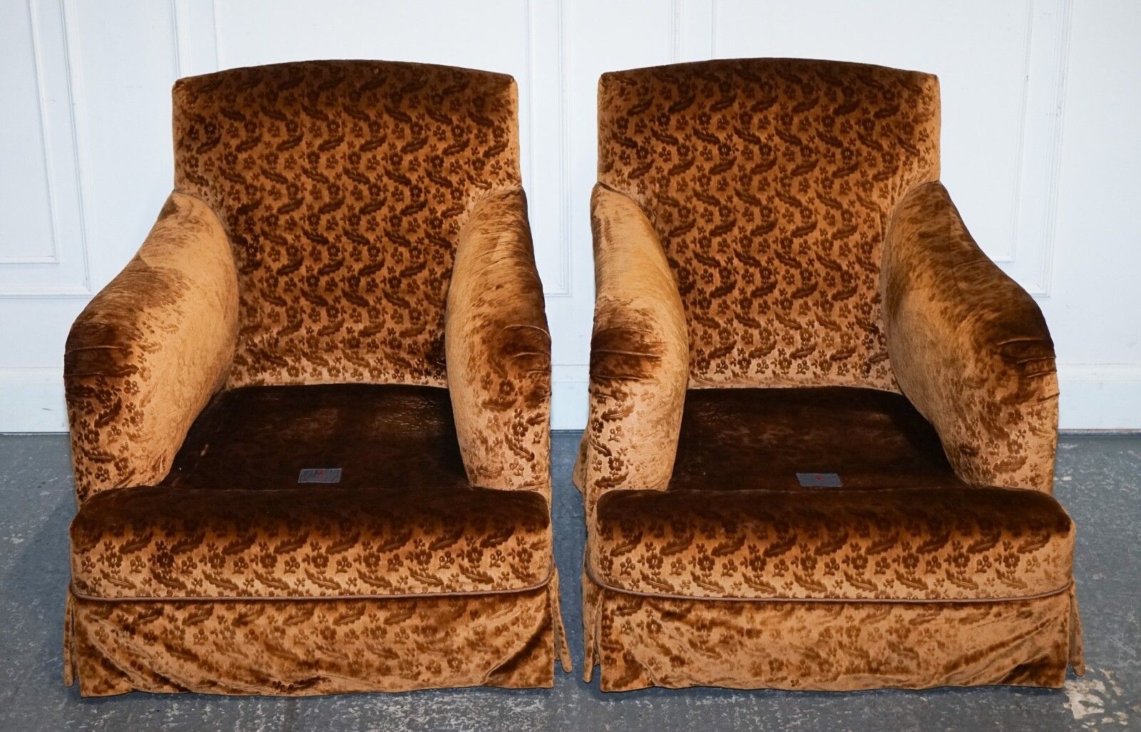 Vintage Pair Custom Made Brown Gold Velvet Connaught Armchairs By Dudgeon London photo buy