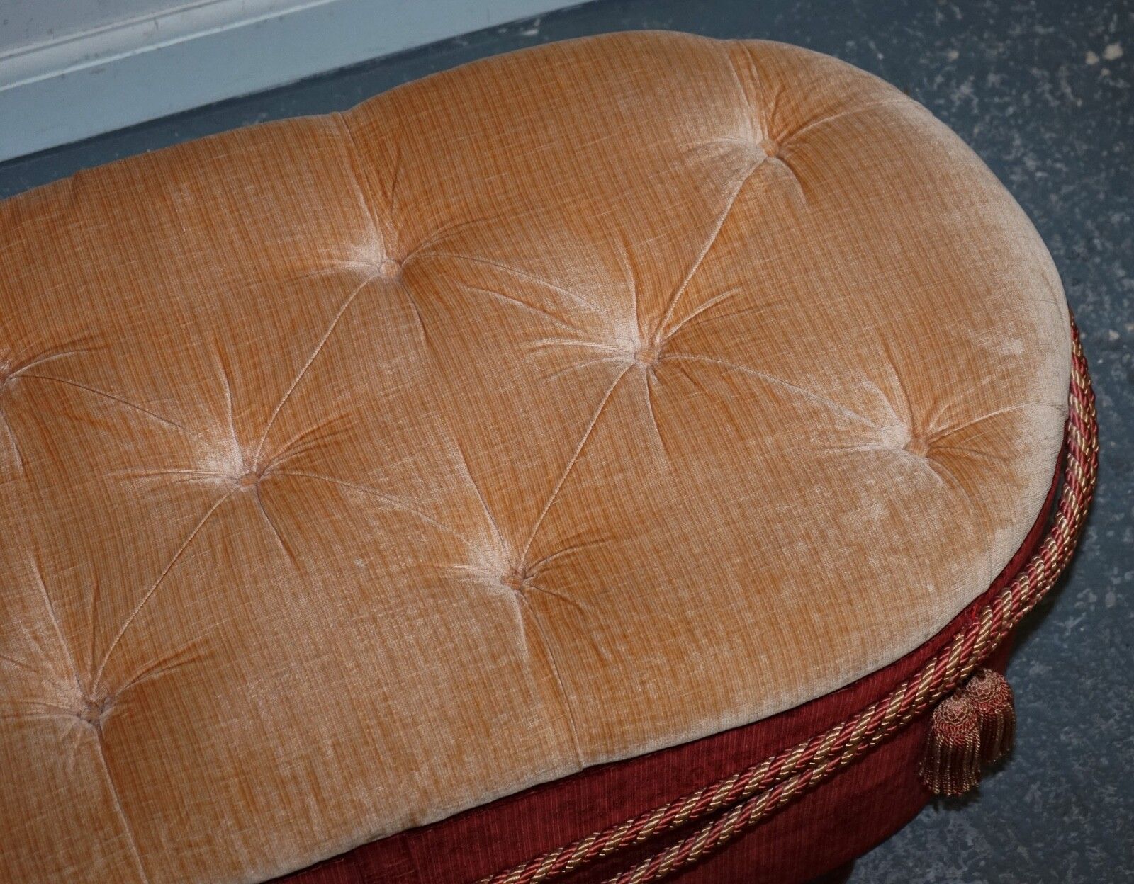 photo vintage Antique Victorian Fabric Ottoman Blanket Bed End Storage Box With Tassel Accents