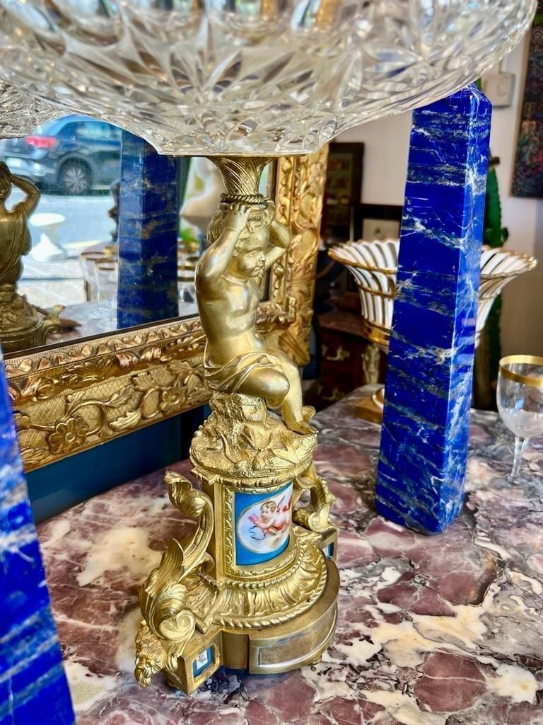 19th Century Cut Crystal Bowl On A Gilt Bronze Pedestal With Putti Motifs photo vintage