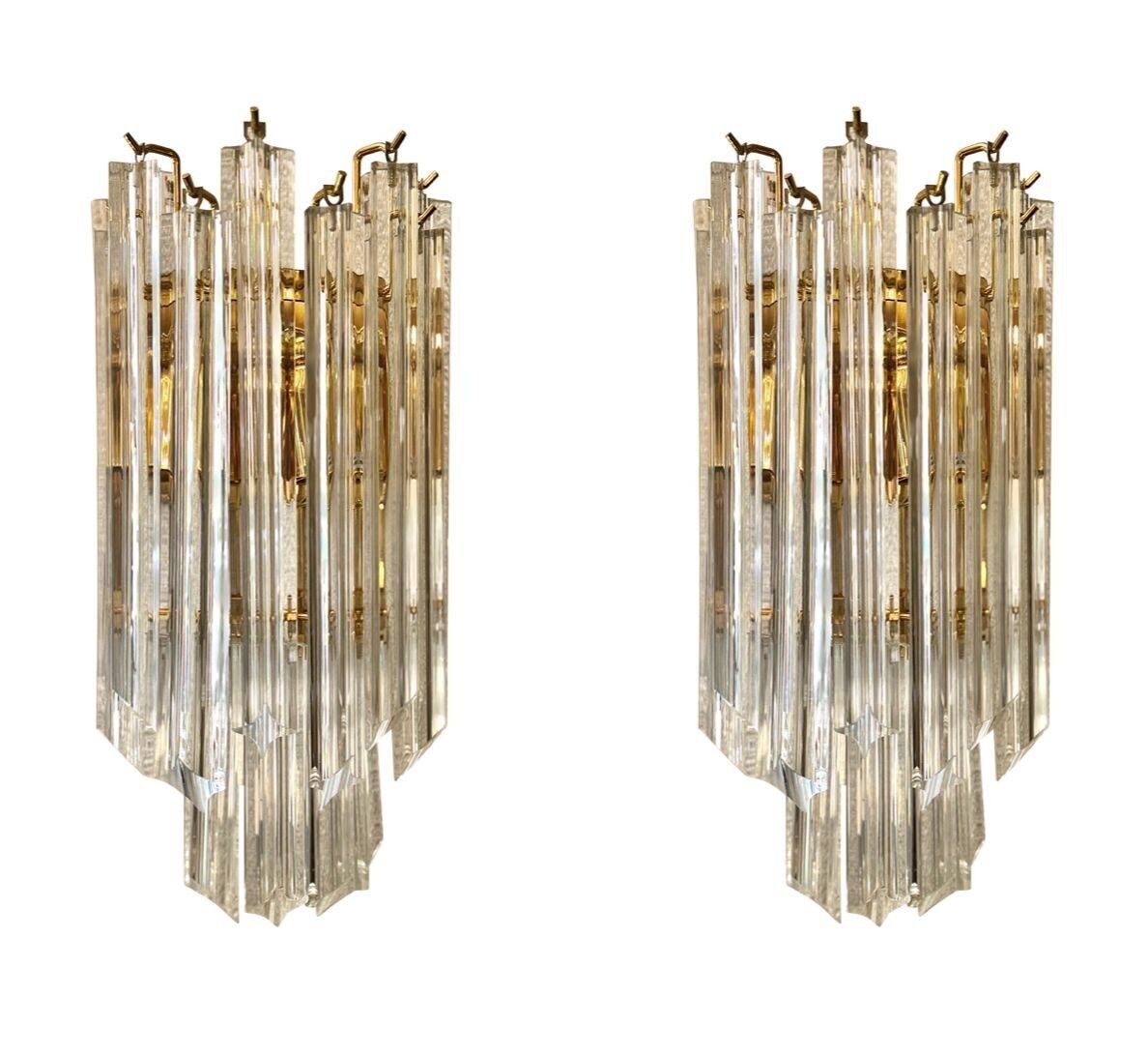 A Pair Of Large 1980s Novorasi Quadriedri Murano Glass And Brass Wall Sconces photo for sale