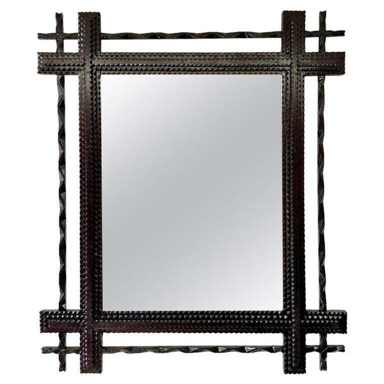 19th Century Rural Tramp Art Wall Mirror, Basswood   Hand Carved, At Circa 1890