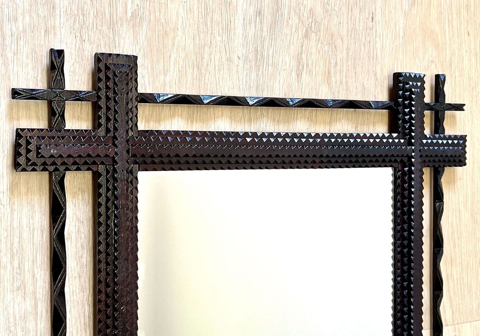 19th Century Rural Tramp Art Wall Mirror, Basswood   Hand Carved, At Circa 1890 photo Home Decor