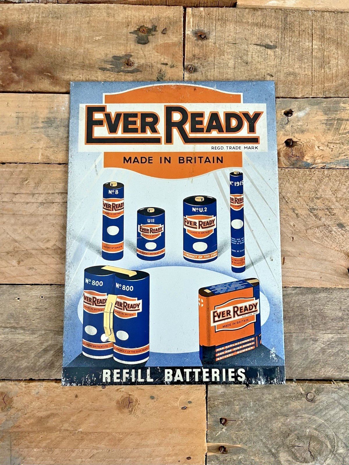 photo vintage Rare 1930's Ever Ready Batteries Tin Sign Advertising Shop Window Showcard Stand