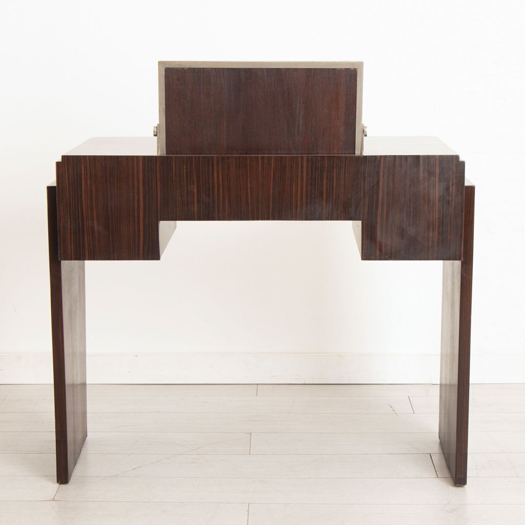 Compact French Art Deco Macassar Dressing Table With Chrome Mirror & 4 Drawers photo for sale