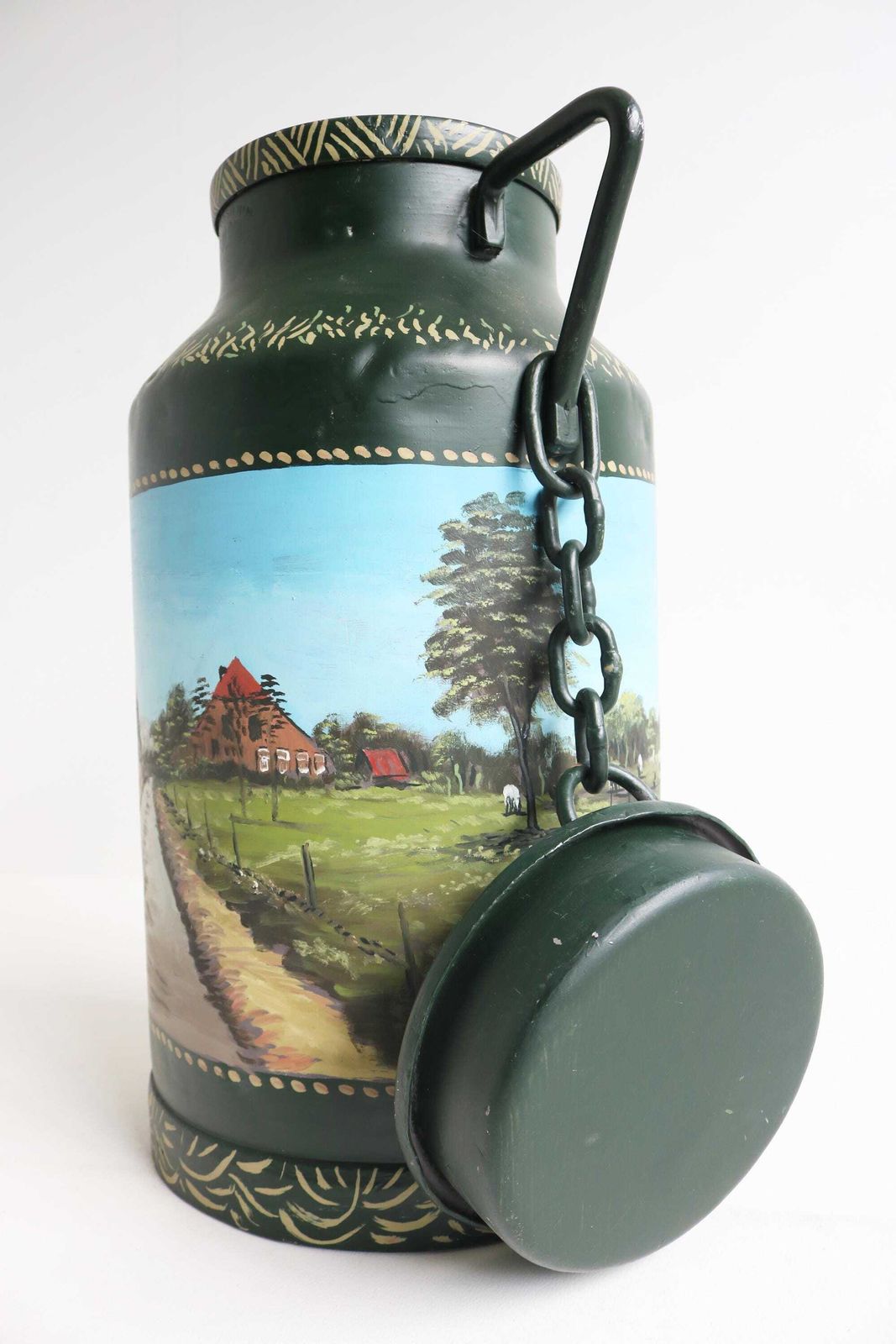 Elegant Vintage French Milk Can – Hand Painted Countryside Scene, Rustic Farmhouse Decor photo for sale