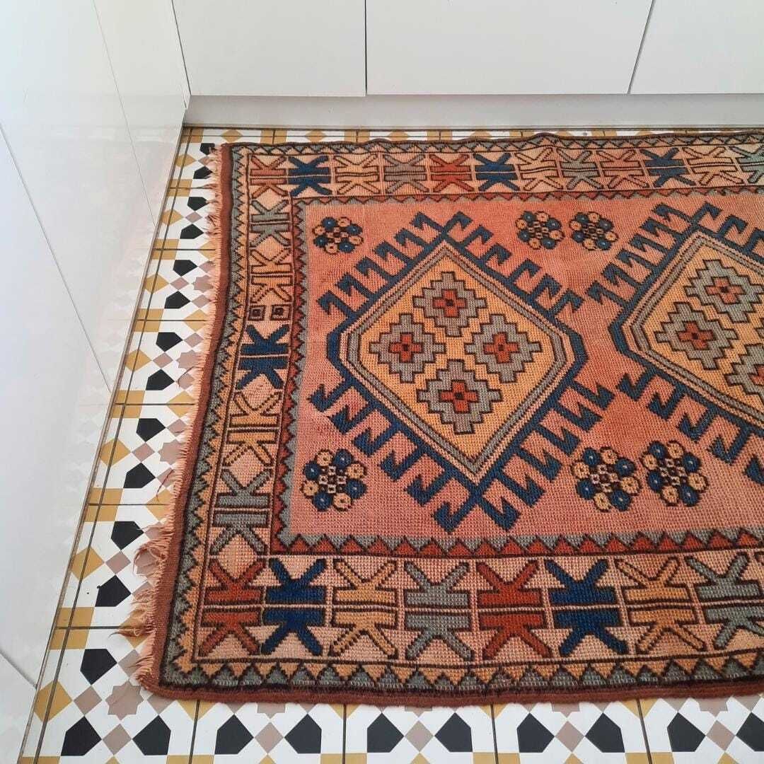 Vintage Turkish Kurdish Wool Rug Hand Knotted Tribal Red Blue Area Carpet 80'' By 52''