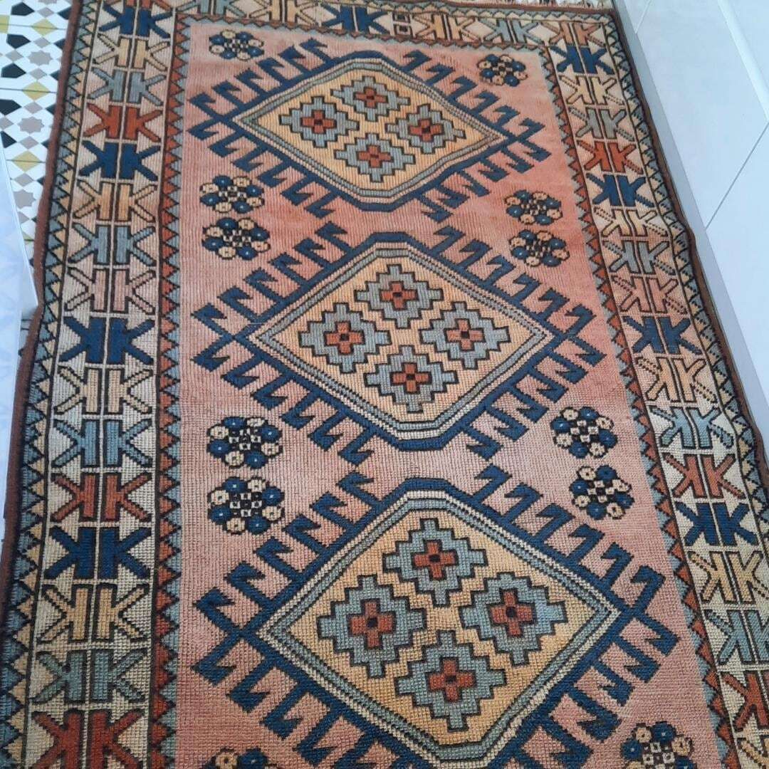 Vintage Turkish Kurdish Wool Rug Hand Knotted Tribal Red Blue Area Carpet 80'' By 52'' photo for sale