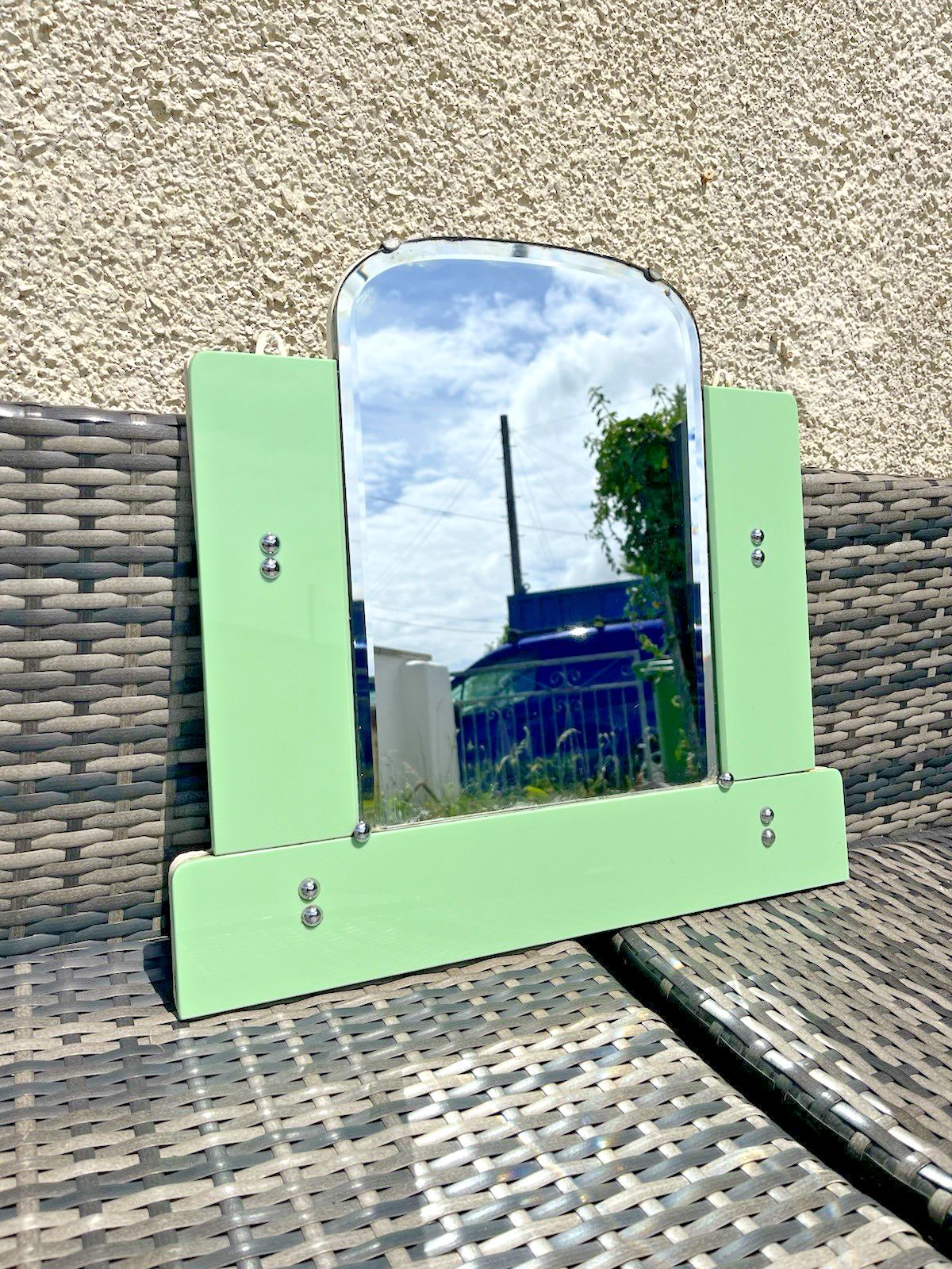 Antique 30s Art Deco Arched Bevelled Green Vitrolite Bathroom Mantel Wall Mirror photo furniture