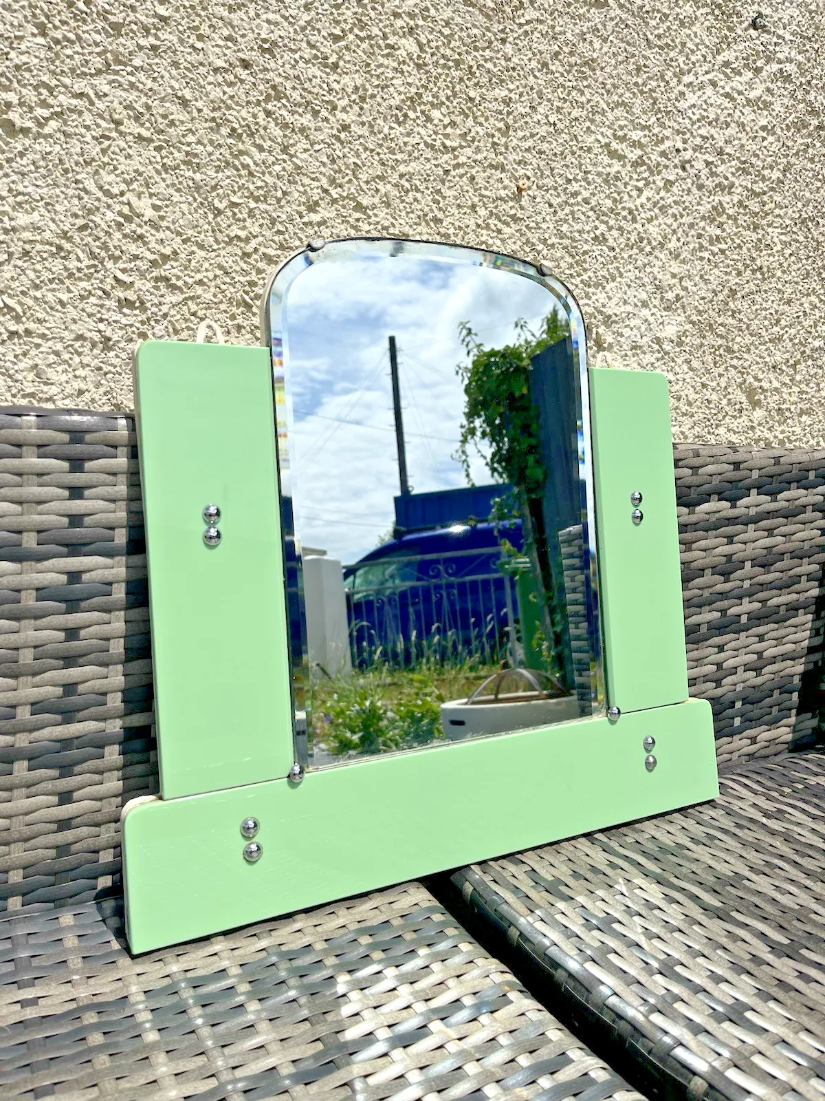 Antique 30s Art Deco Arched Bevelled Green Vitrolite Bathroom Mantel Wall Mirror photo for sale