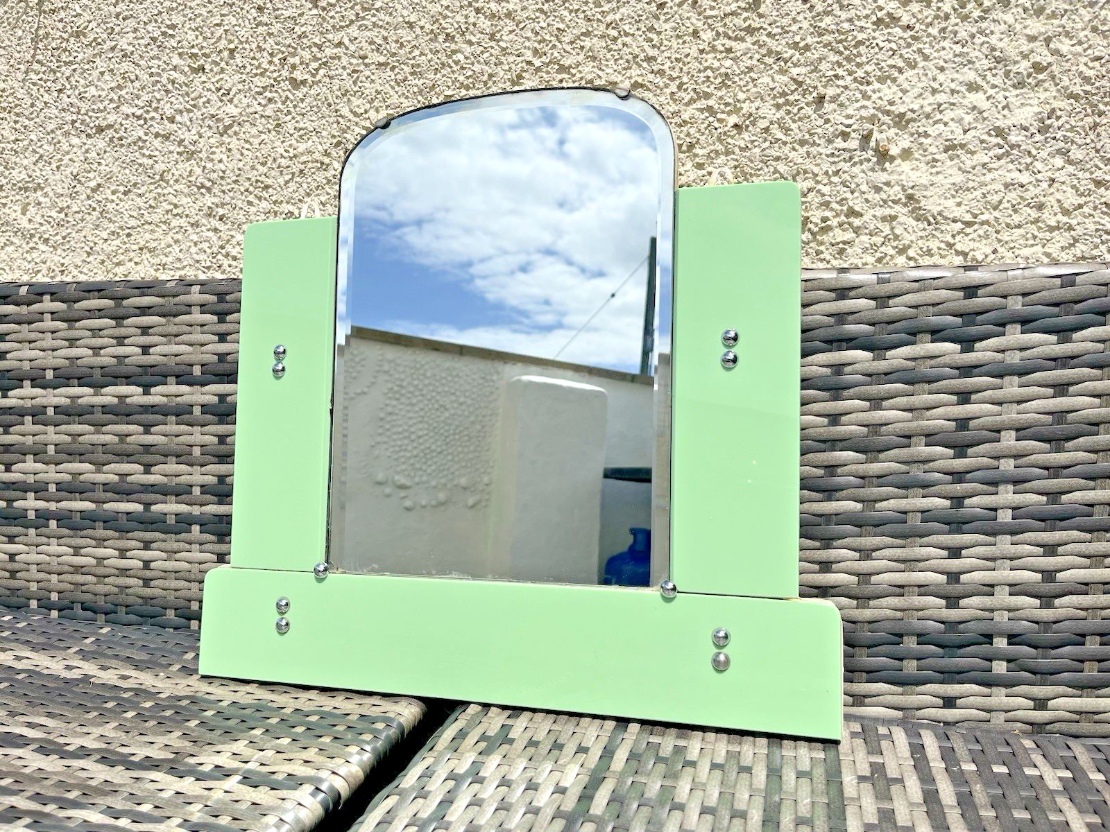 Antique 30s Art Deco Arched Bevelled Green Vitrolite Bathroom Mantel Wall Mirror photo 395.0