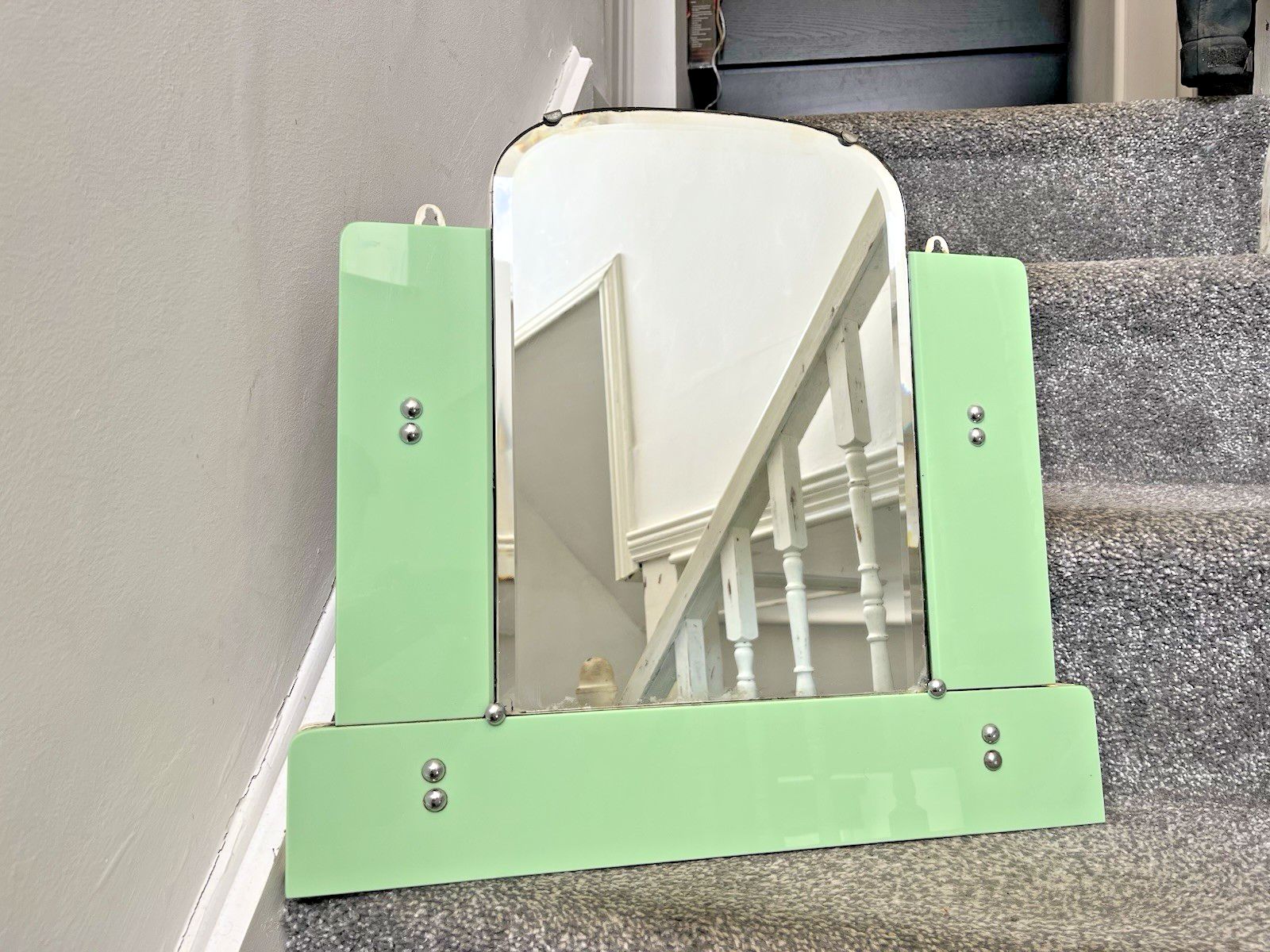 395.0 Antique 30s Art Deco Arched Bevelled Green Vitrolite Bathroom Mantel Wall Mirror photo