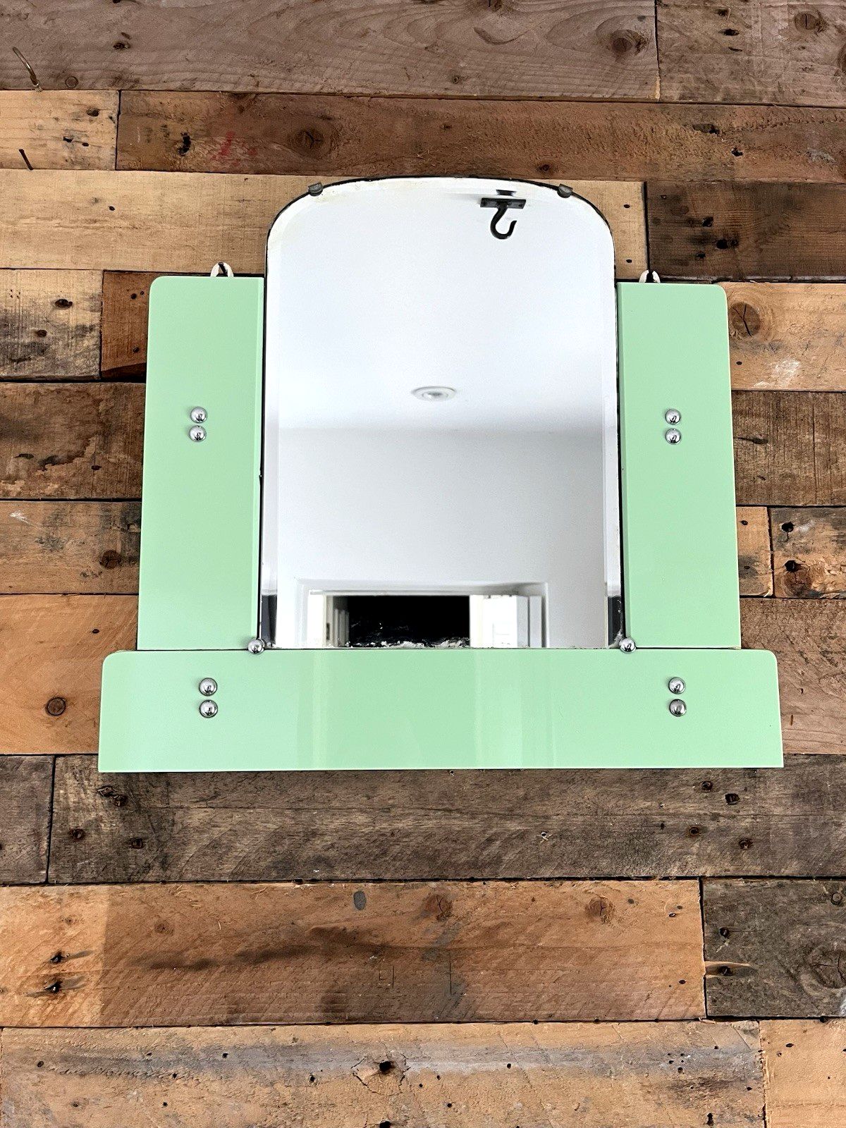 photo vinterior Antique 30s Art Deco Arched Bevelled Green Vitrolite Bathroom Mantel Wall Mirror