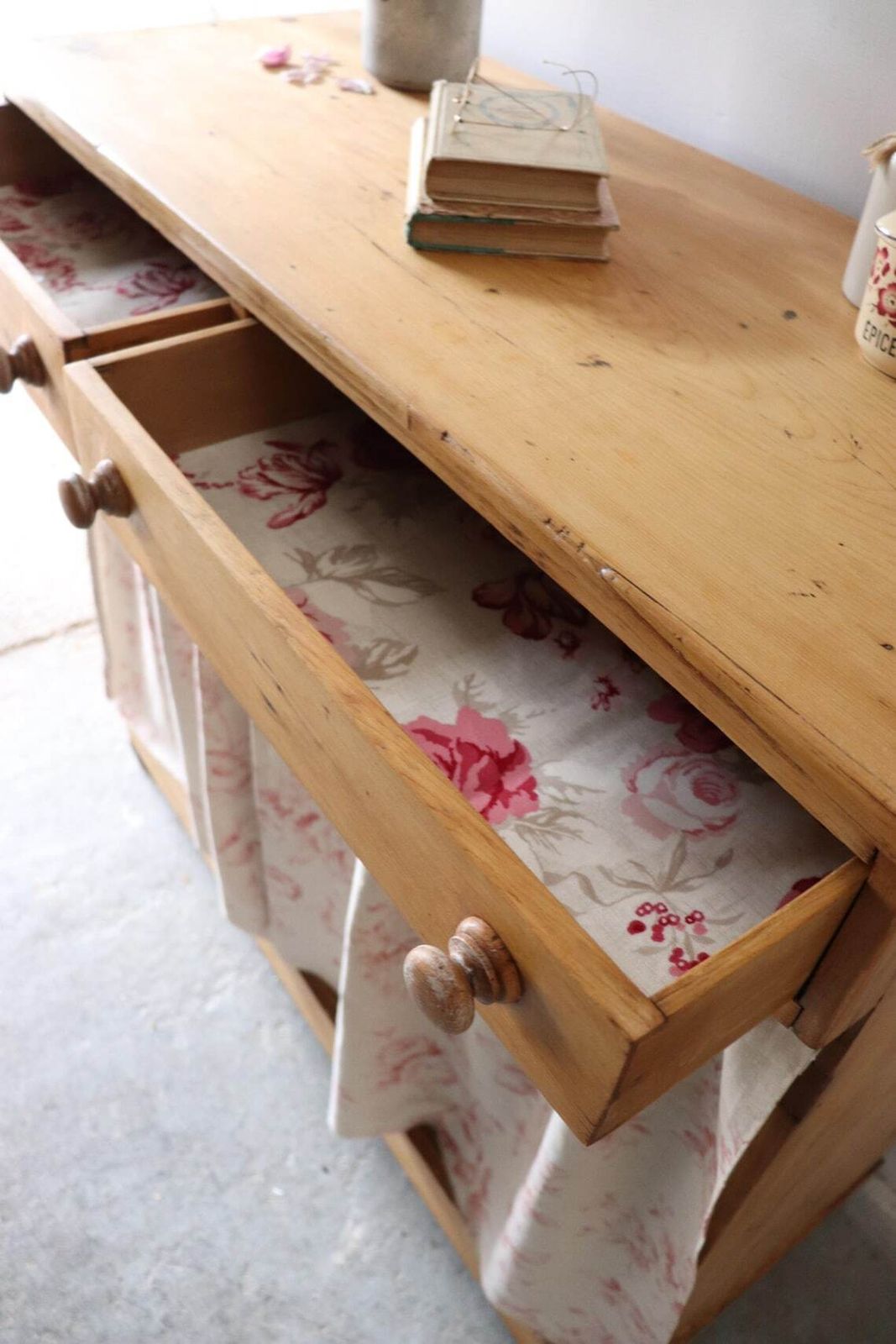 Charming Vintage Farmhouse Pine Cupboard Or Sideboard With Cabbages And Roses Style Curtain photo vintage