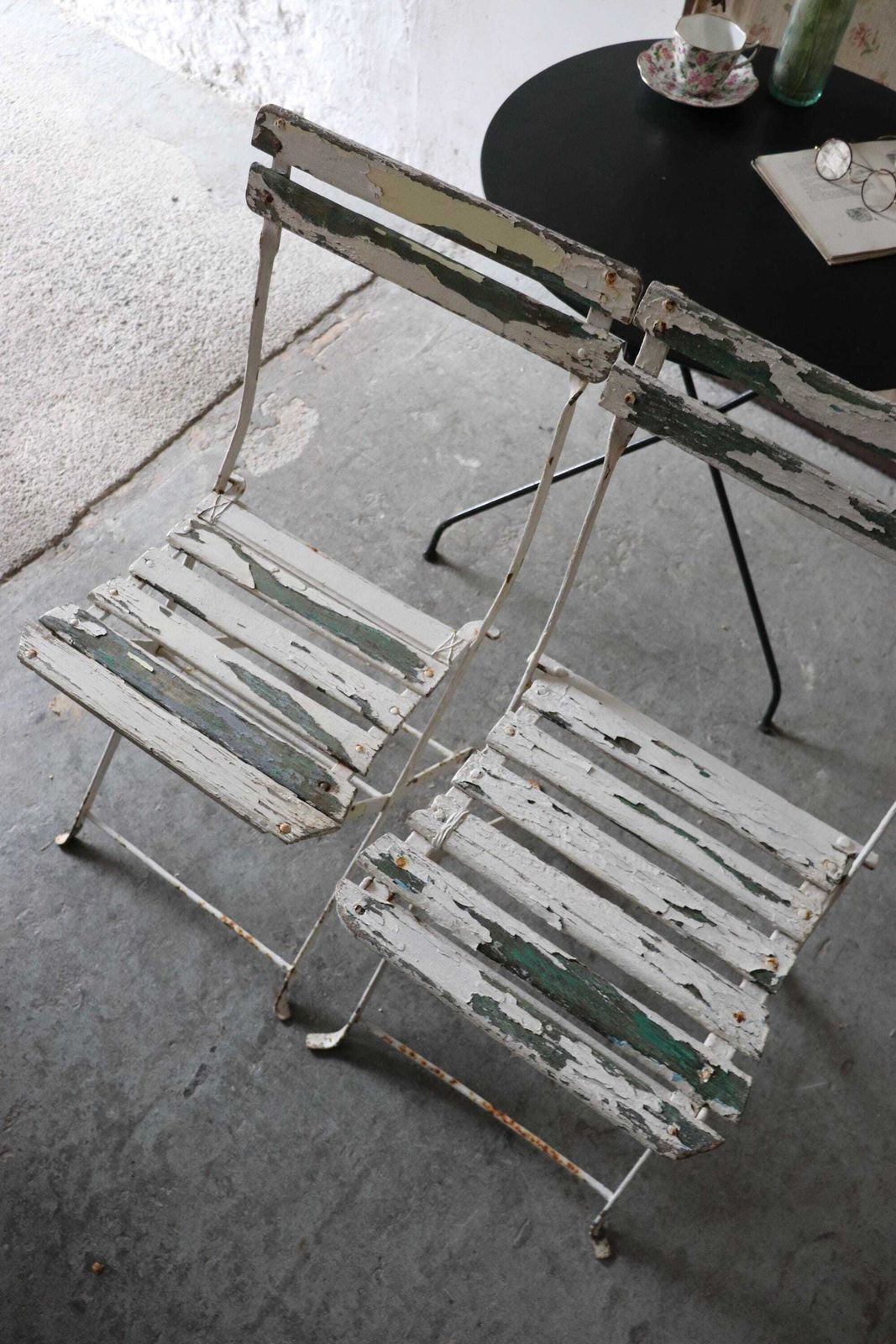 Pair Of Green And White Vintage French Slatted Folding Cafe Or Garden Chairs photo 250.0