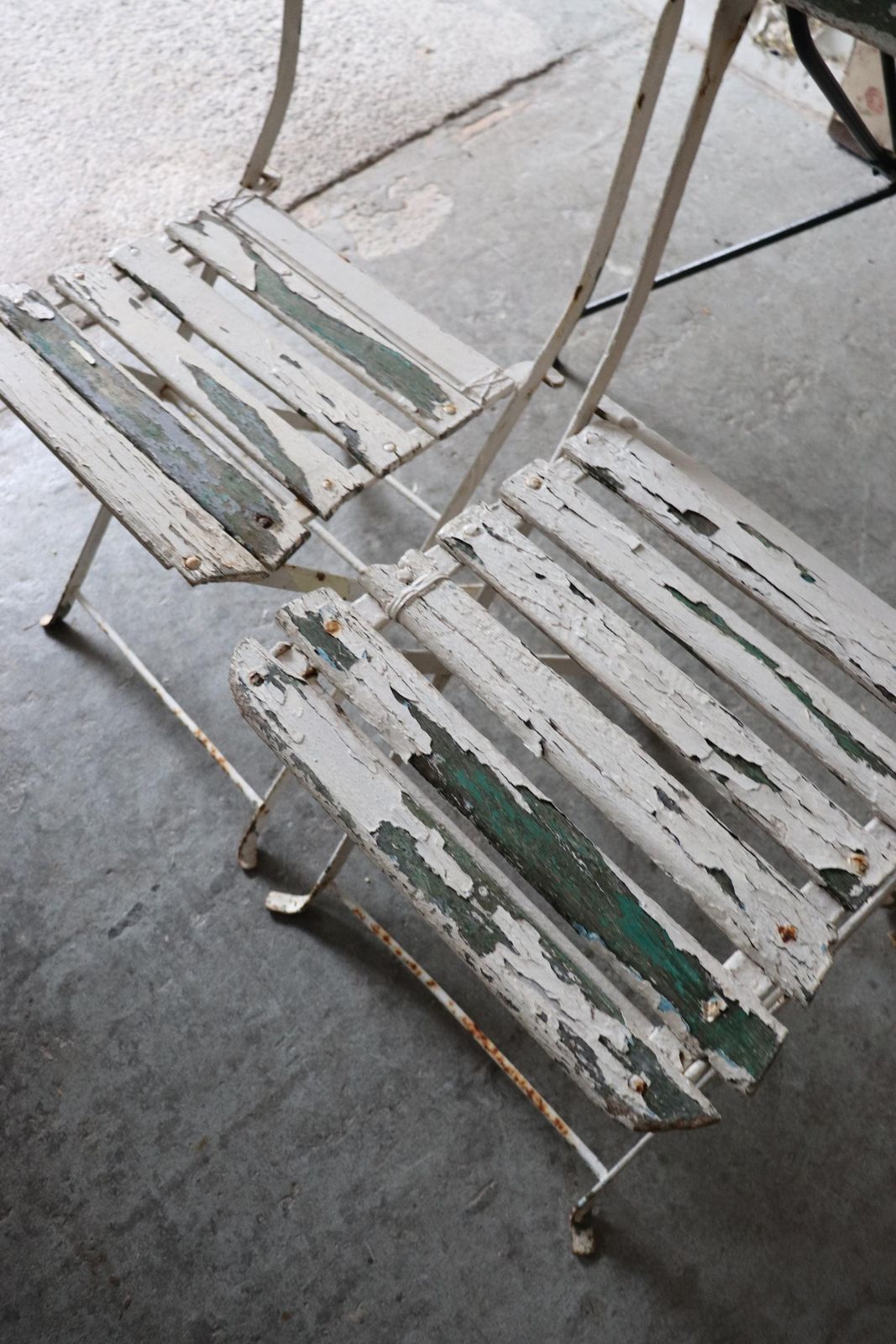 Pair Of Green And White Vintage French Slatted Folding Cafe Or Garden Chairs photo vinterior