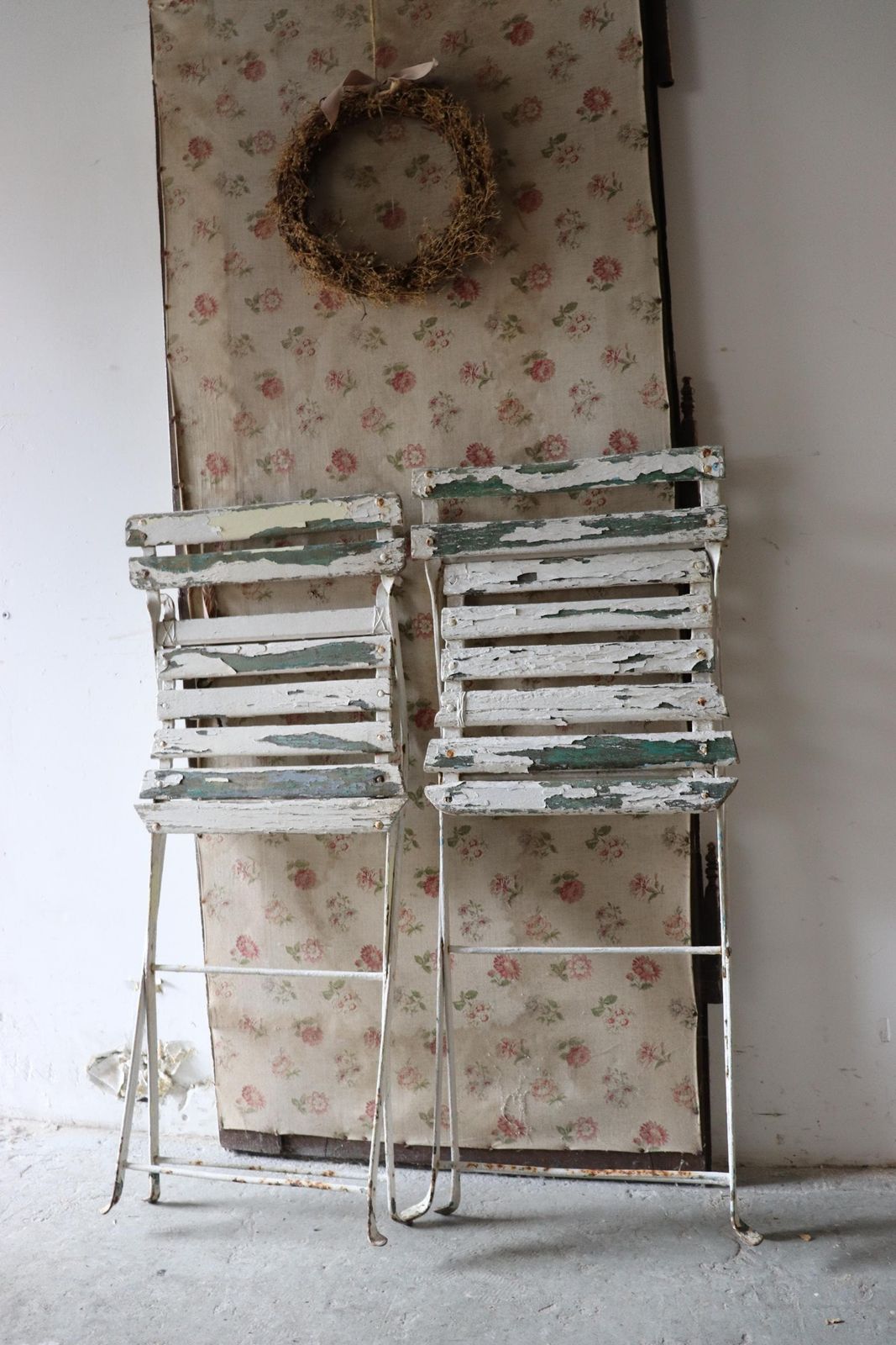 photo for sale Pair Of Green And White Vintage French Slatted Folding Cafe Or Garden Chairs