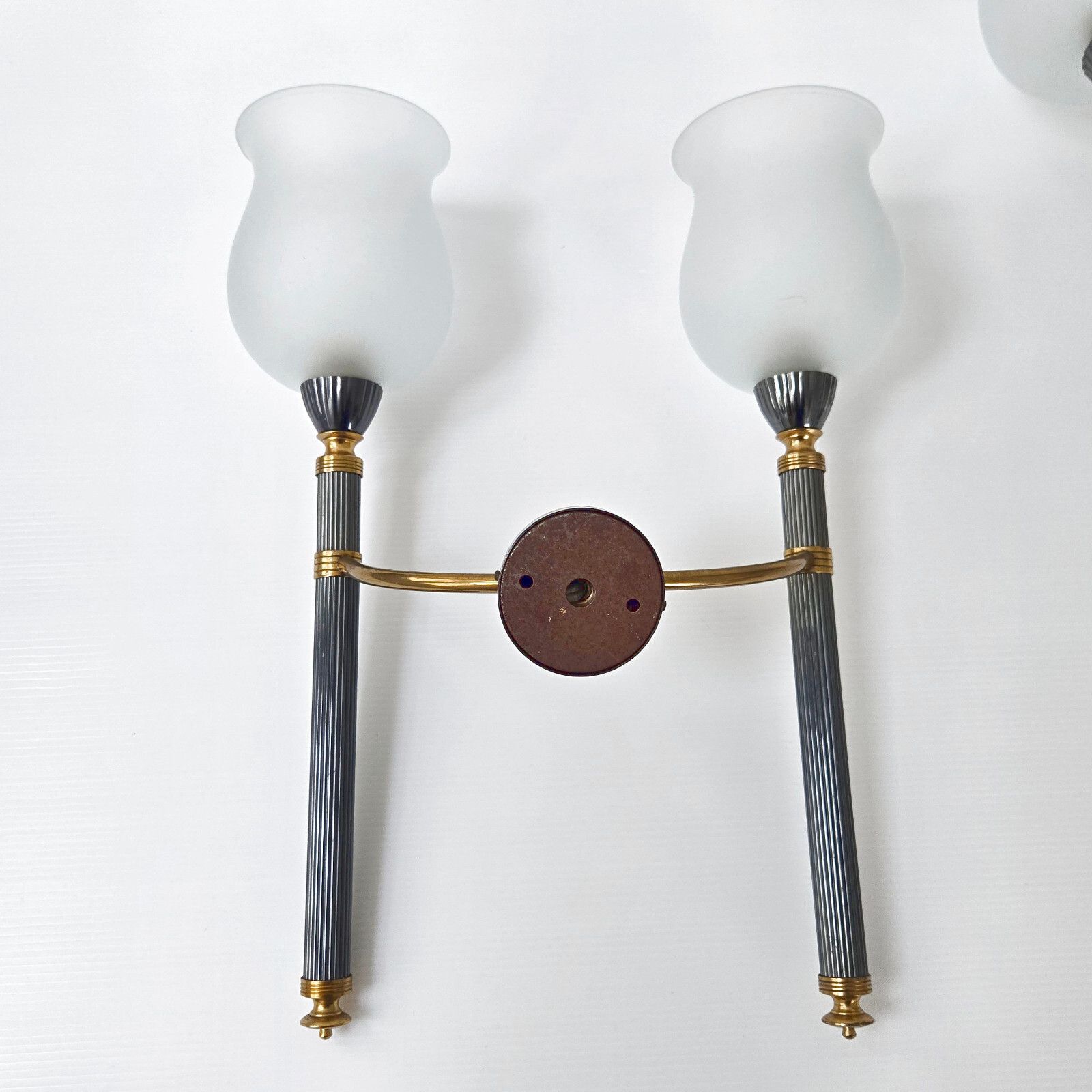 Pair Of Vintage 1950 Metal Brass & Glass Torch Sconces 50s photo vintage