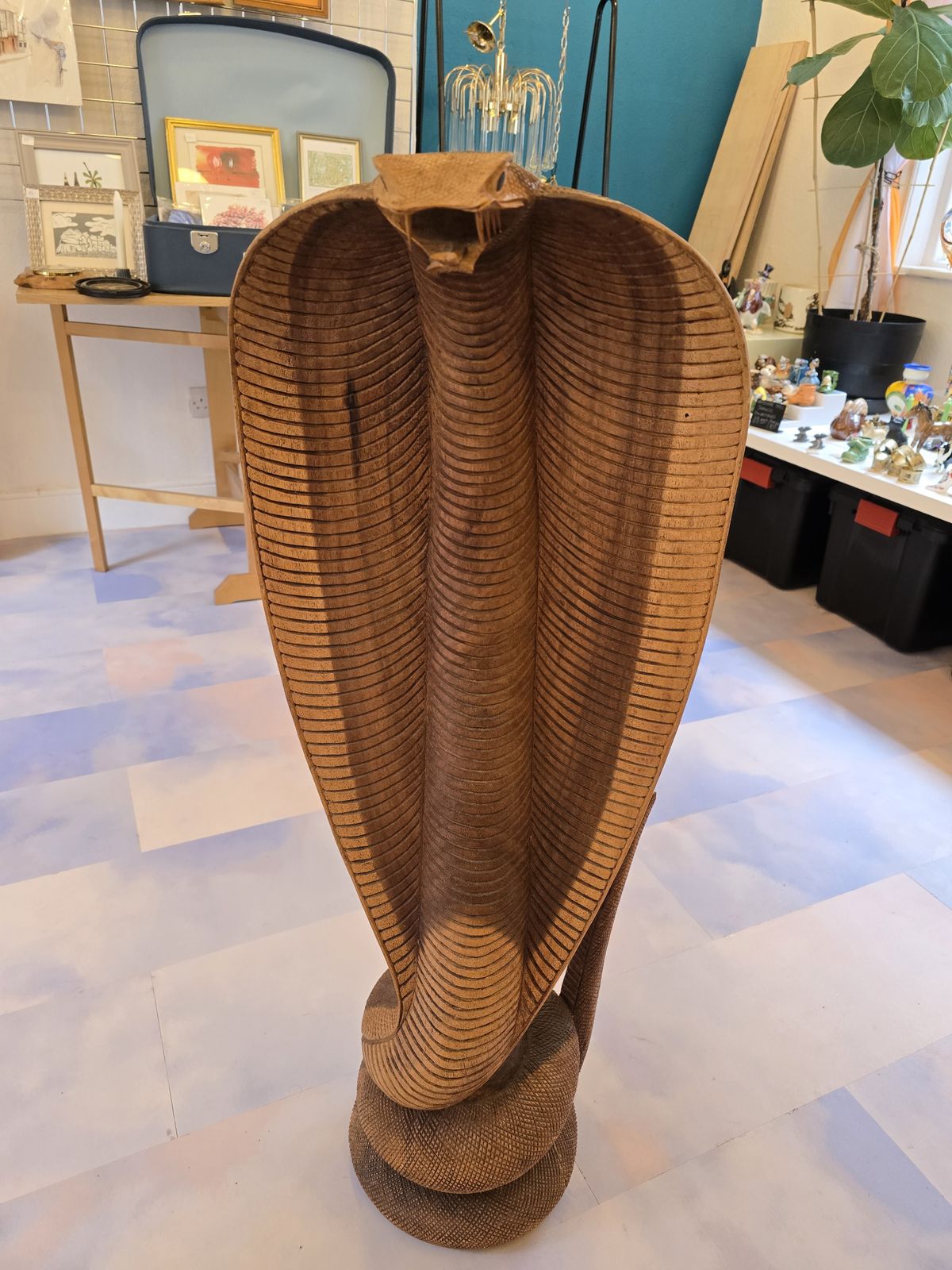 Large Hardwood Mid Century Modern Cobra Snake Statue   Hand Carved Statement Piece