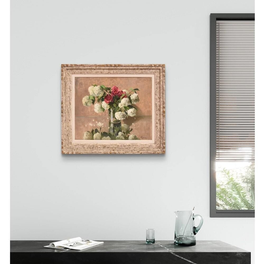 Antique Flower Painting, Still Life, Pink Roses And May Ball, Oil On Canvas, 20th Century. photo furniture