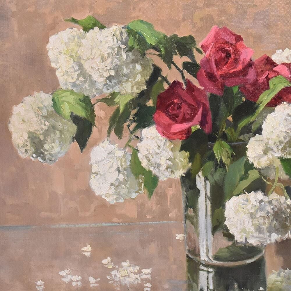 Antique Flower Painting, Still Life, Pink Roses And May Ball, Oil On Canvas, 20th Century. photo Art