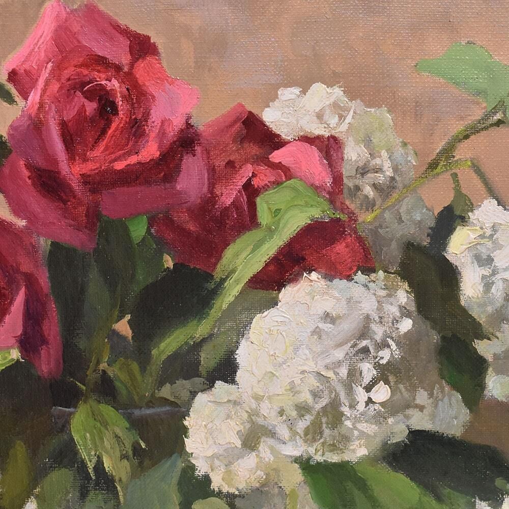 Antique Flower Painting, Still Life, Pink Roses And May Ball, Oil On Canvas, 20th Century. photo buy