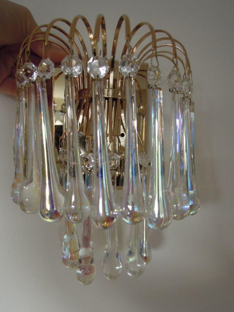 Pair Crystal Teardrop Murano Glass Wall Sconces, Italy, 1950s photo Lighting