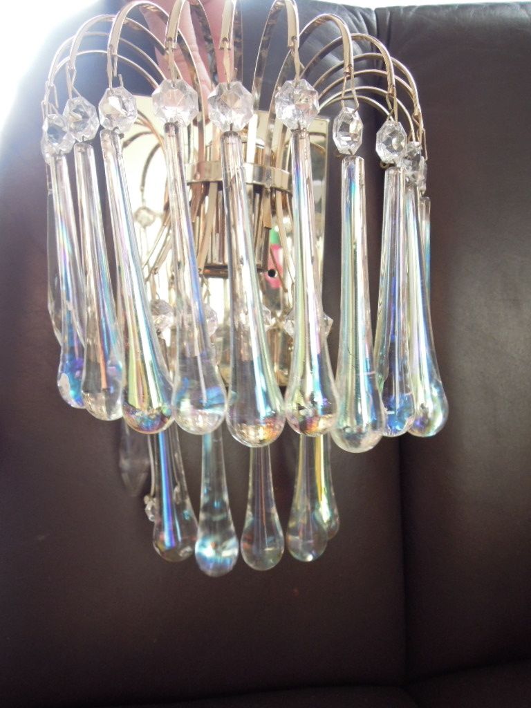 Pair Crystal Teardrop Murano Glass Wall Sconces, Italy, 1950s photo for sale