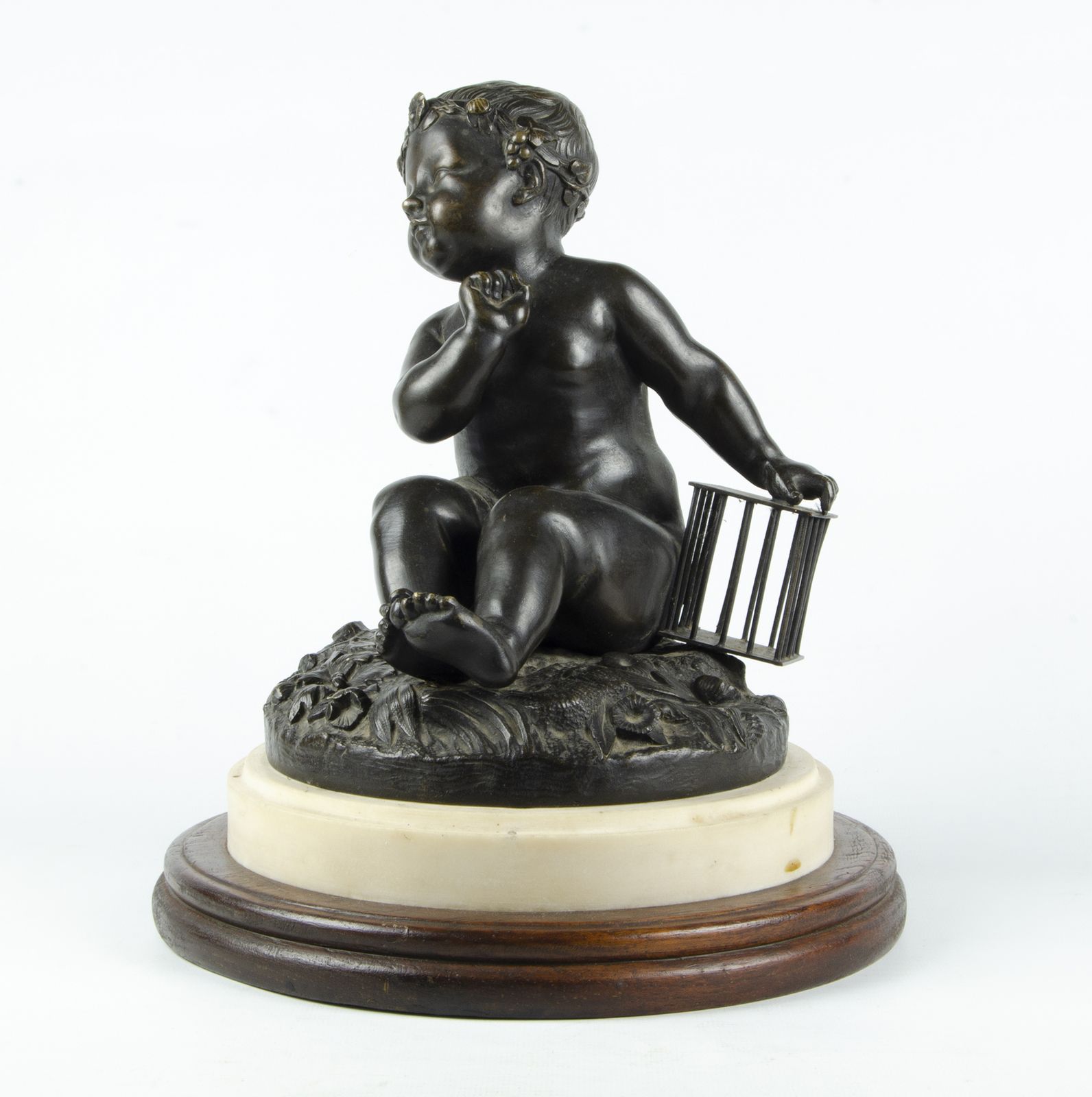 19th Century Patinated Bronze Sculpture Of A Child Holding A Birdcage Based On A Design By Jean Baptiste Pigalle, France