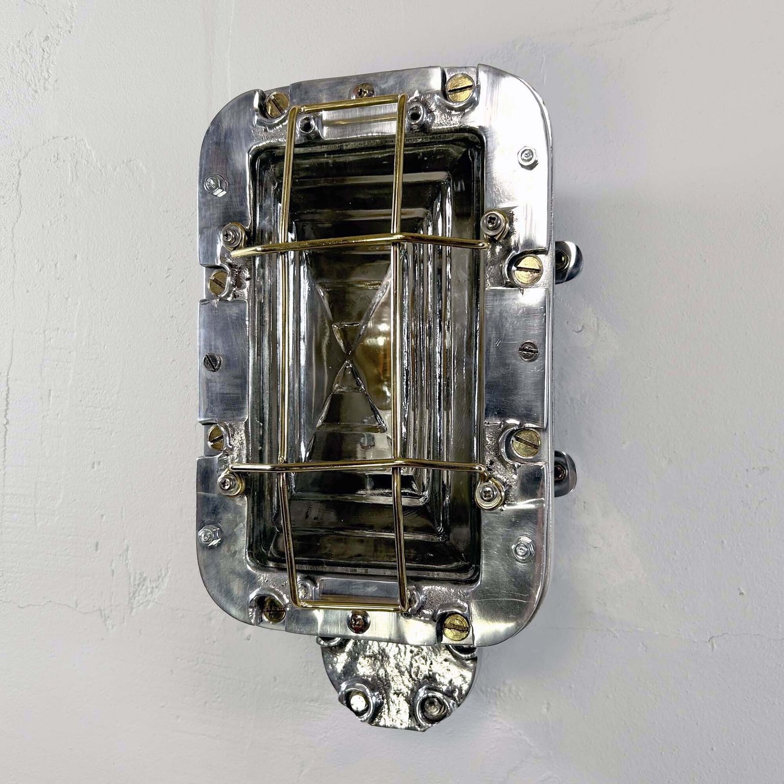Large Industrial Rectangular Aluminium Wall Light With Brass Cage photo furniture