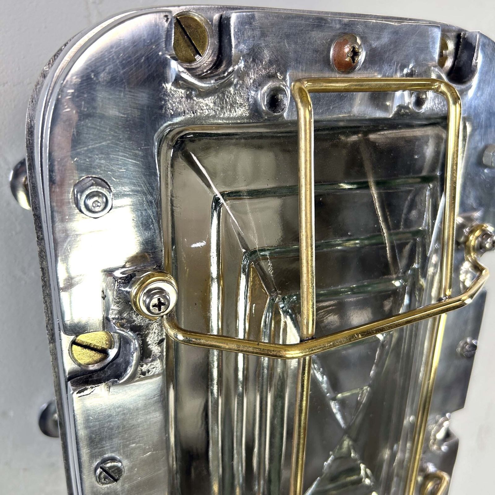photo furniture Large Industrial Rectangular Aluminium Wall Light With Brass Cage