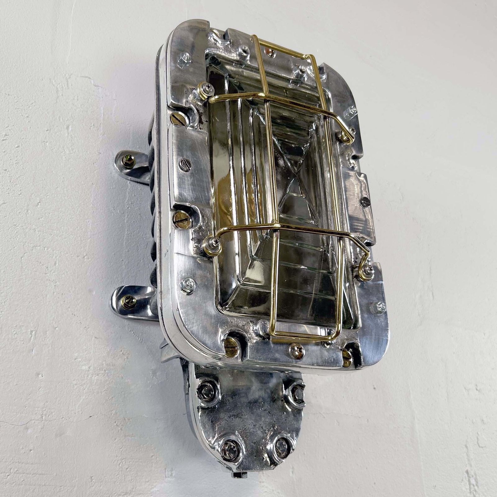 Lighting Large Industrial Rectangular Aluminium Wall Light With Brass Cage photo