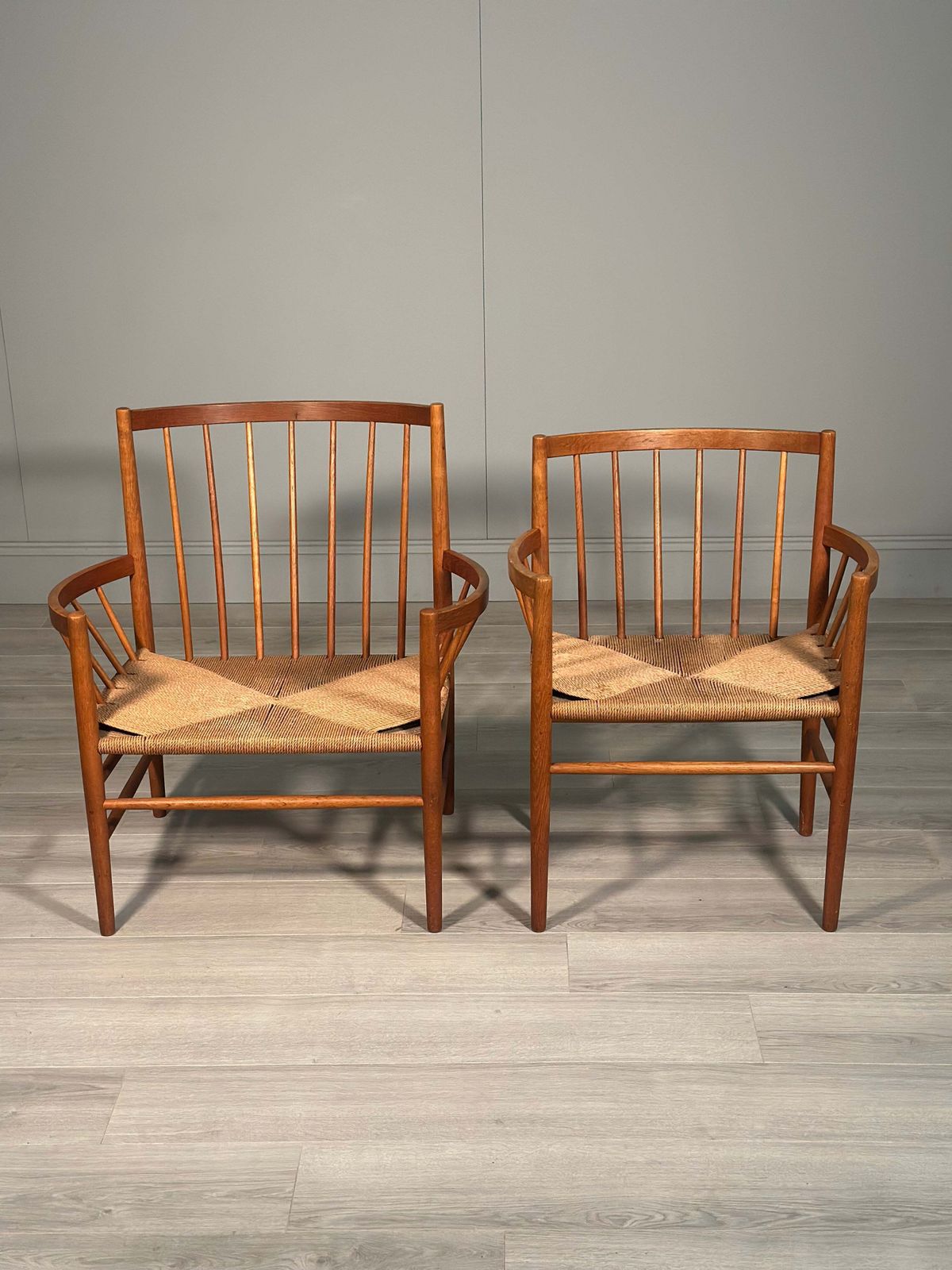 Furniture His And Hers Oak & Papercord J82 Armchairs By Jørgen Bækmark For Fdb Møbler 1960s photo