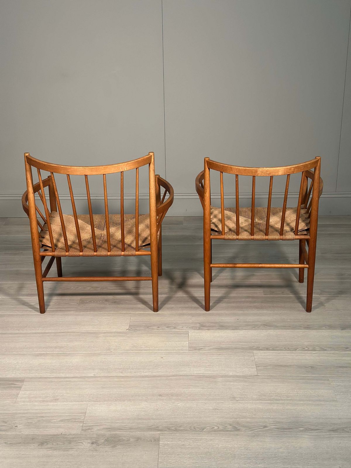 3361.0 His And Hers Oak & Papercord J82 Armchairs By Jørgen Bækmark For Fdb Møbler 1960s photo
