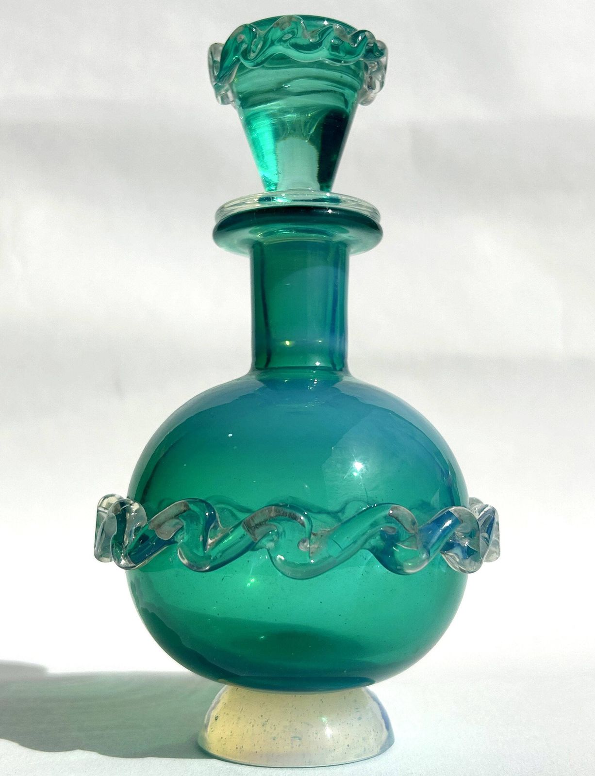 Mid Century Murano Cased Opalescent Blue Glass Decorative Scent/Perfume Bottle With Rigaree Italy