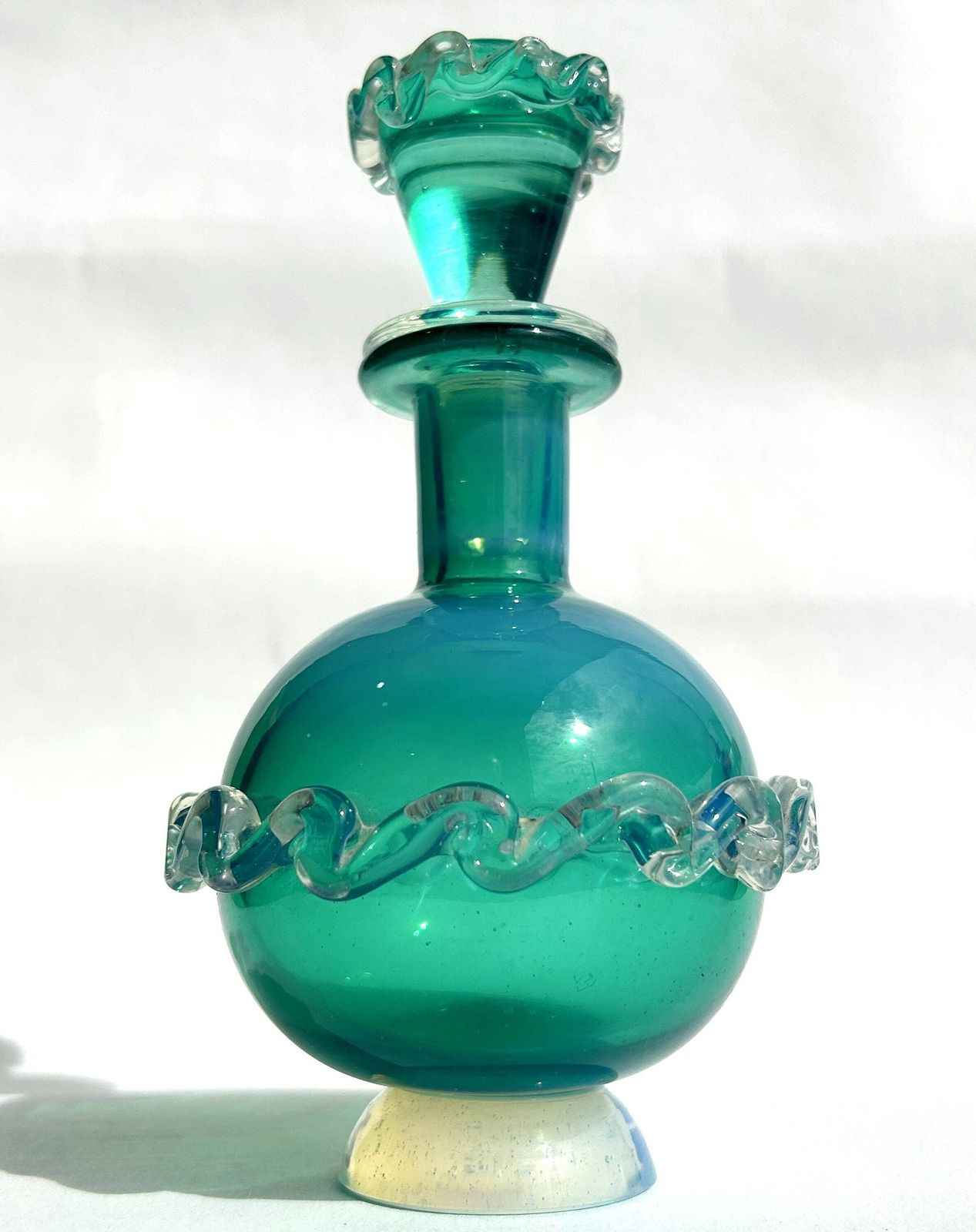 Mid Century Murano Cased Opalescent Blue Glass Decorative Scent/Perfume Bottle With Rigaree Italy photo vintage