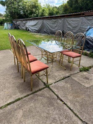 Italian Brass Dining Table And Chairs, 1970s, Set Of 7 photo for sale