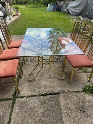 Italian Brass Dining Table And Chairs, 1970s, Set Of 7 photo Furniture