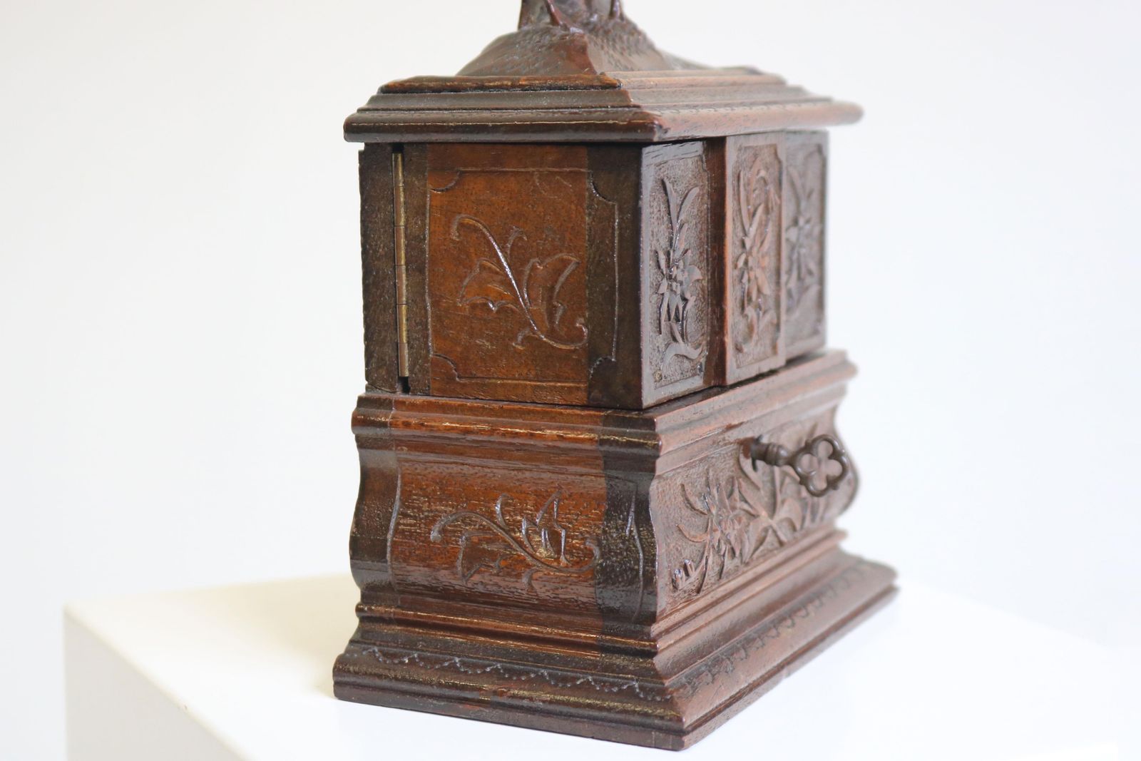 Antique Black Forest 19th Century Jewelry Box Carved Fruitwood Red Velvet Chest photo vintage