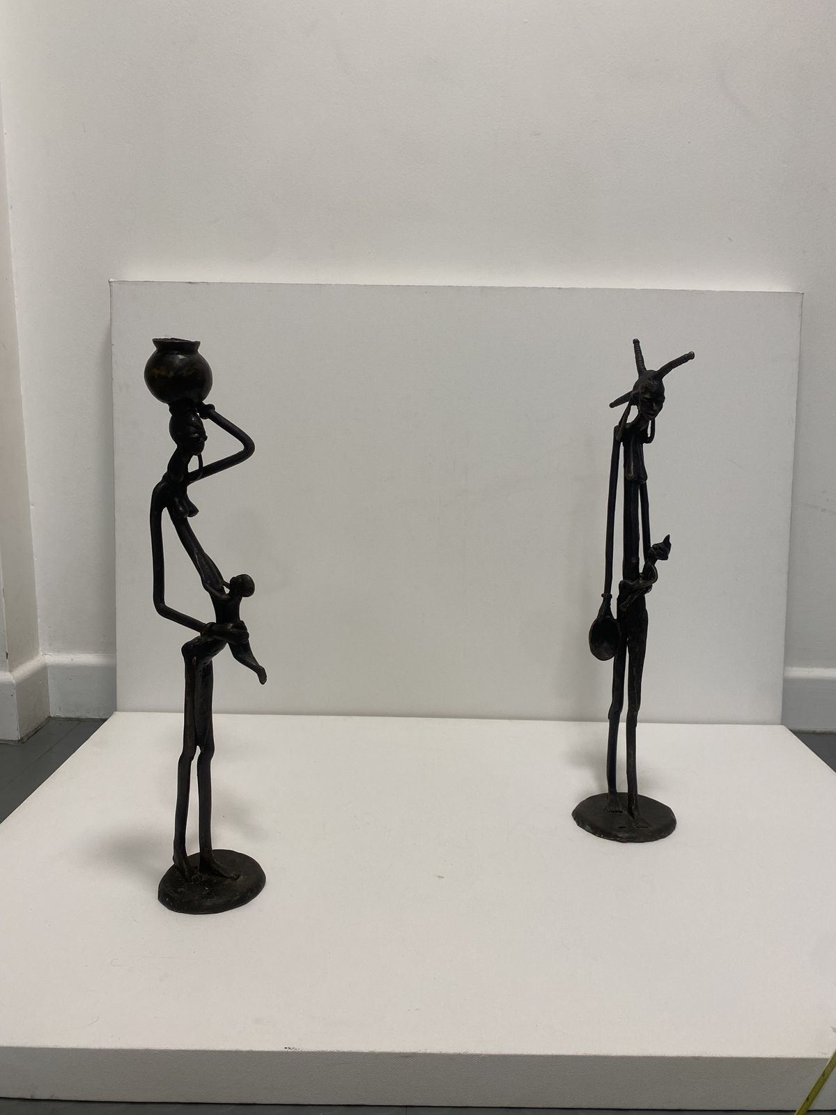 Tall Bronze Masai Pair Sculptures 1960s Vintage Kenya Mother Baby Giacometti photo for sale